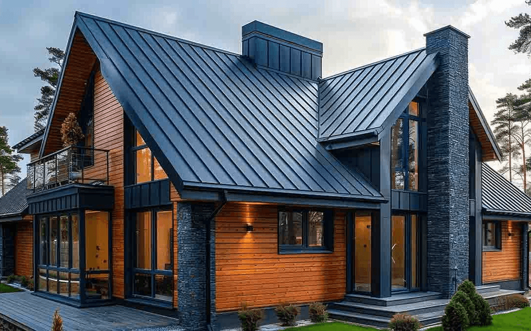 Aerial view of residential metal roofs